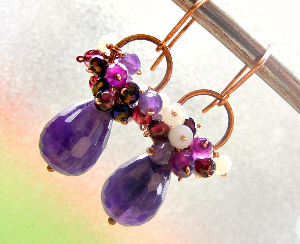 Purple cluster,Chandelier gemstones,Fine jewelry,dangle earrings,beadwork drop earrings, copper wire,luxe amethyst sale wire wraped