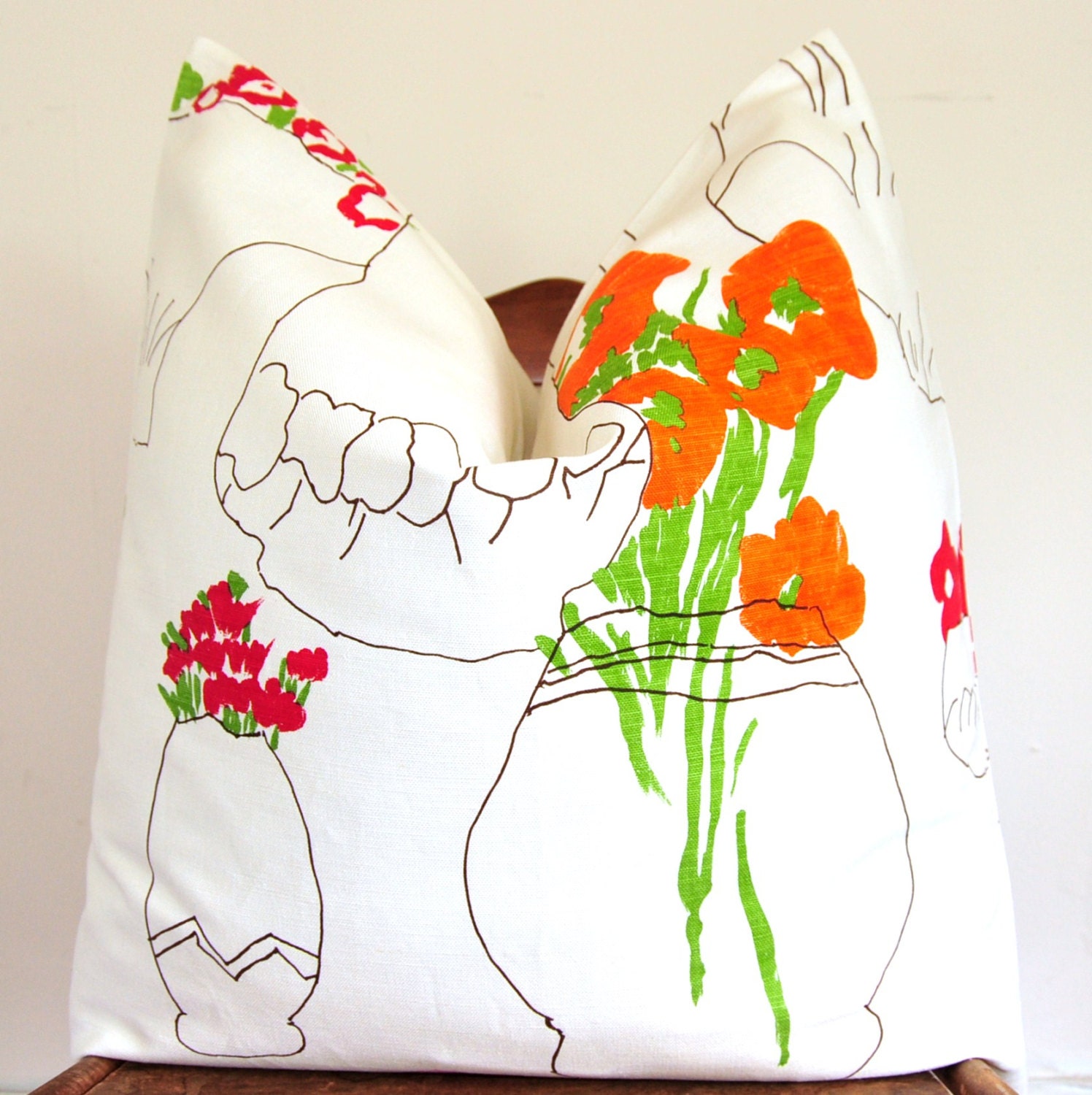On Both Sides - Port Lligat - Hand printed - Painting - Flower -  24 inch - Orange - Pink - Linen - Decorative Pillow - Throw Pillow