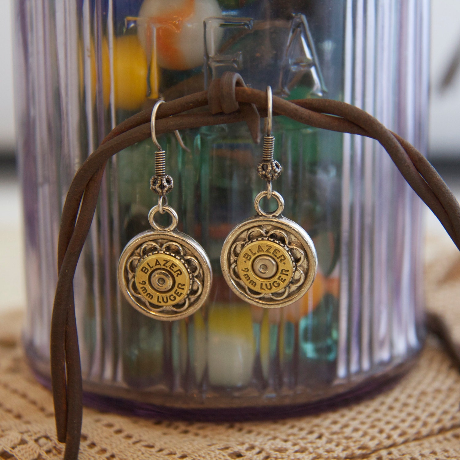 Bullet Casing Jewelry- Earrings-Blazer 9mm Luger-Mixed Metals -Dangle Earrings-Brass Spent Casings-Caliber Jewelry