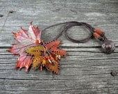 Beadweaving: Beadwoven Maple Leaf Necklace in Red-Orange & Irridescent Copper Leaf w/ Leather Cord