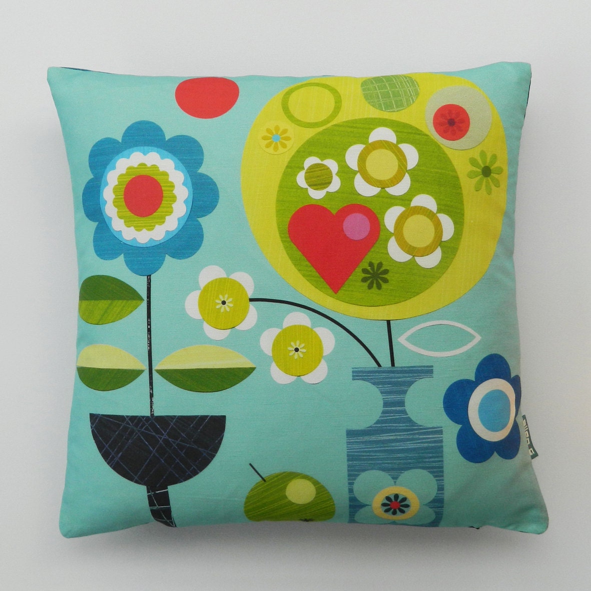 Ellen Giggenbach bright flowers print on blue, pillow