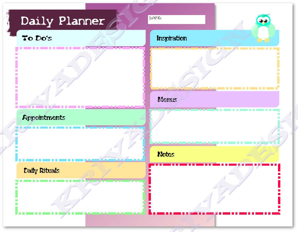 daily planner, pdf printable file, to do list, INSTANT digital download, day planner organizer, owl