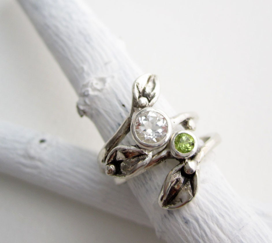 Set of 2 Rings, Silver Leaf Ring with 5mm White Topaz and 3mm Peridot, Engagement Rings