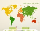 Wall Decal 48"W World Map of Continents & Map Markers Vinyl Sticker
