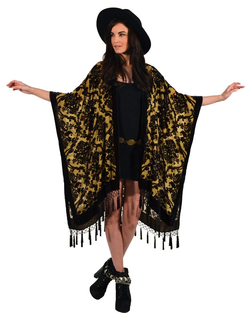 Black and Tan Brocade Velvet Burnout Gypsy Beaded Fringe Tassel Kimono Duster
