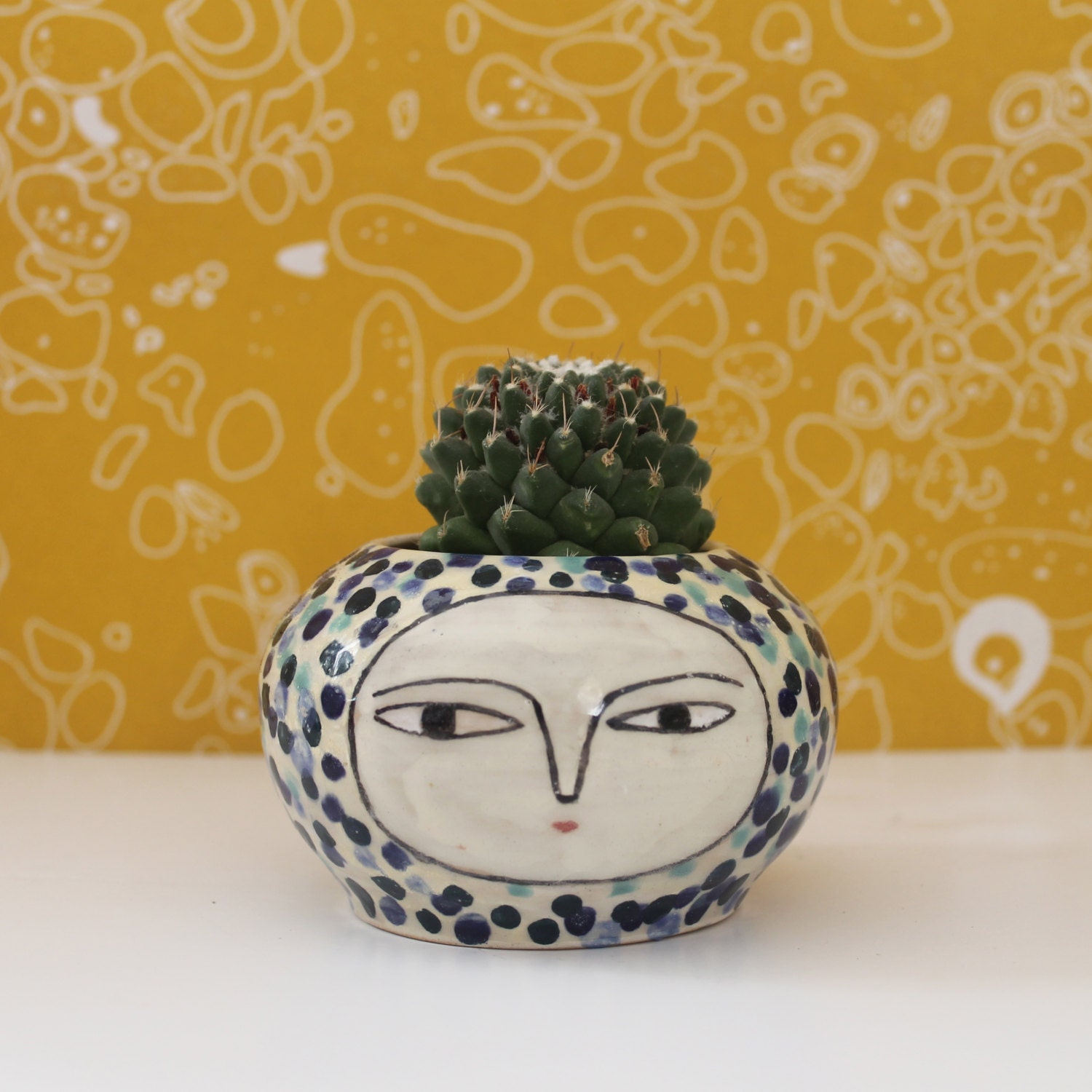 Bluish-Polka-Dot-Pot - Two faces - Ceramic Plant Pot -