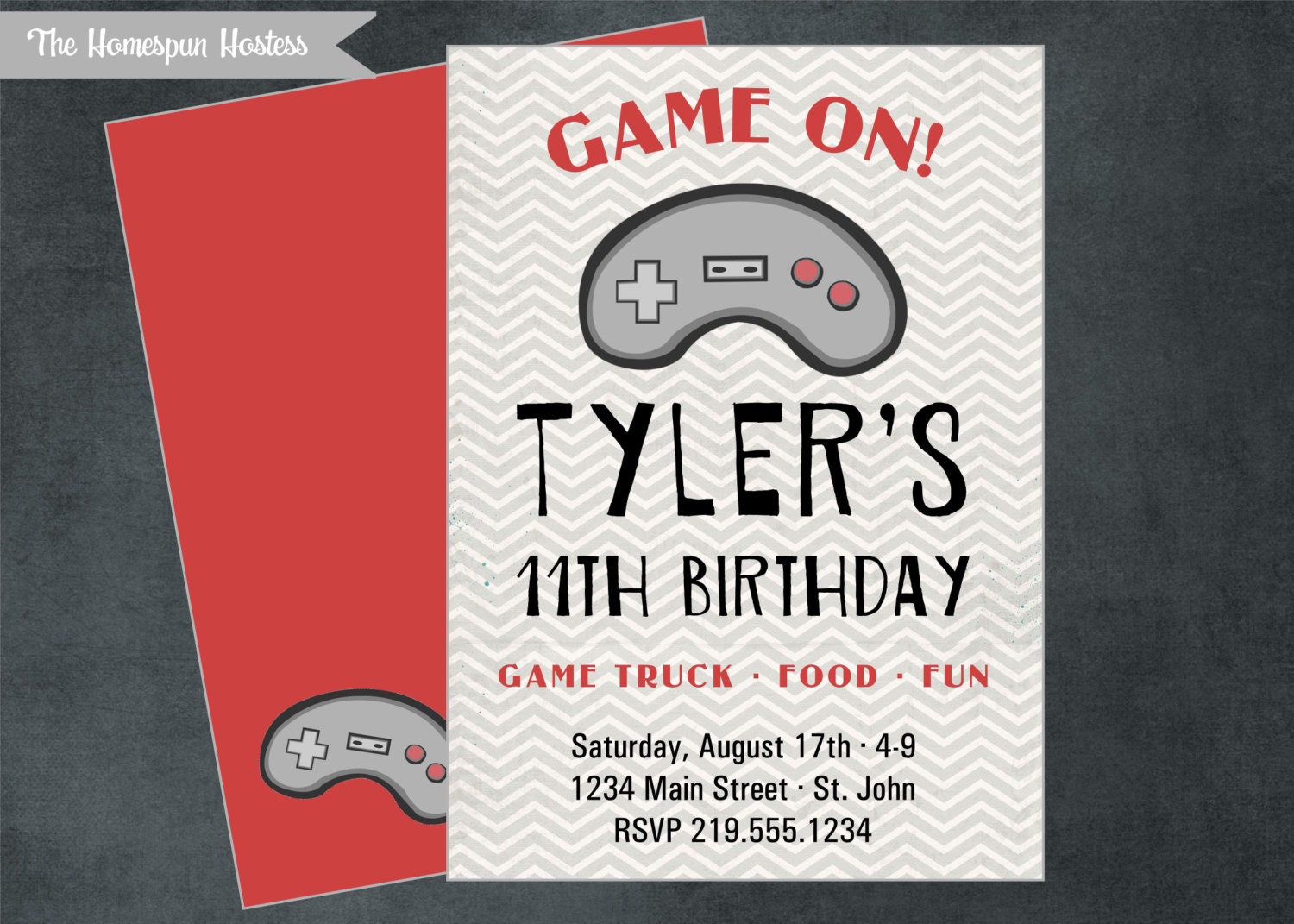 Printable VIDEO GAME Party Invite - Game Truck, Minecraft, chevron gray red black Il_170x135