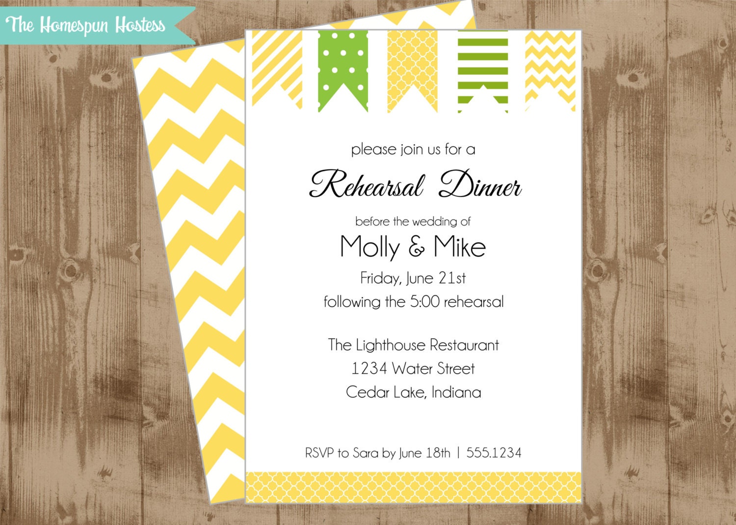 DIY Printable Yellow Green Pennant Invitation- Couples Shower, Rehearsal Dinner, Birthday Party, spring summer Il_170x135