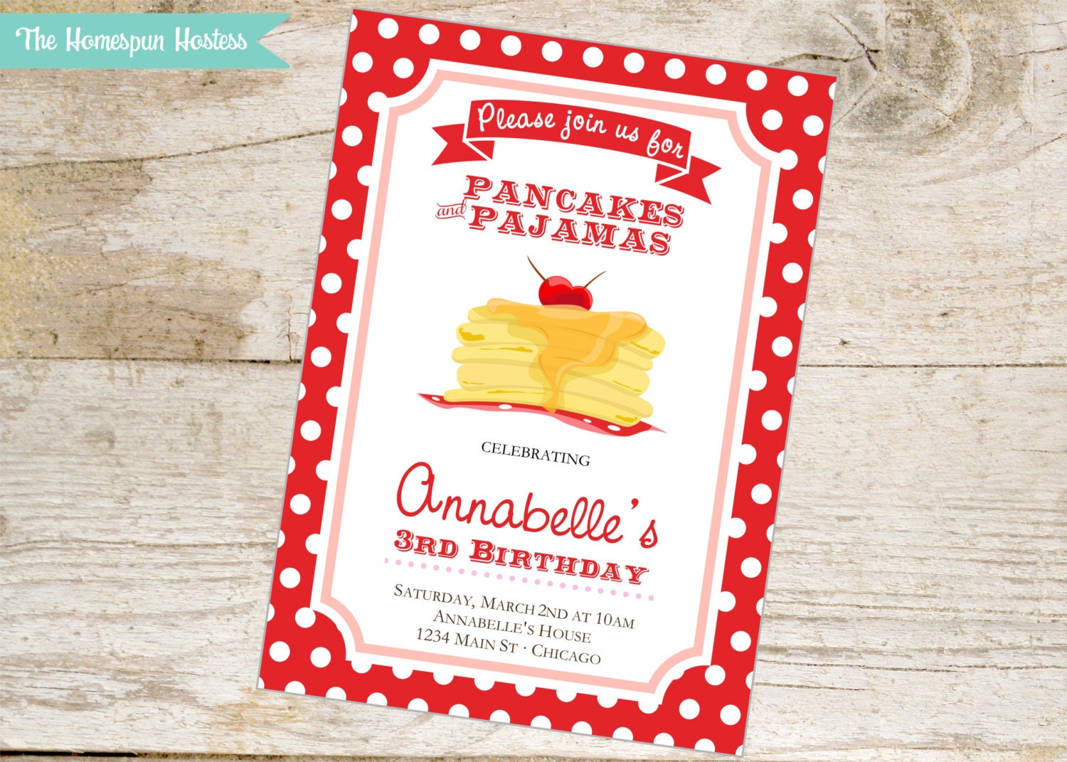 DIY Printable Pancakes and Pajamas Party Invite - red polka dot pjs