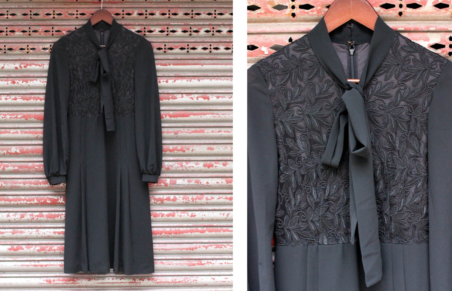 Vintage Black Lace Front Dress with Ascot.