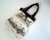 WATERPROOF-Tote Bag Istanbul Printed Fabric,  Canvas and Leather Tote, Daily, Weekly, School Bag, Book or Magazine Tote Bag - Natural Color