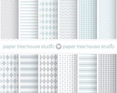 Digital Papers - Stripes, Argyle, Polka Dots and Zig Zag Patterns - Light Blue and Gray - 12 Print Ready Files - 12x12 or 8.5x11 inch