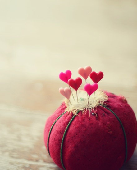 Sewing hearts photograph-love, whimsical, red, pink, pins, fine art photo,  8x10 print, still life, valentines day