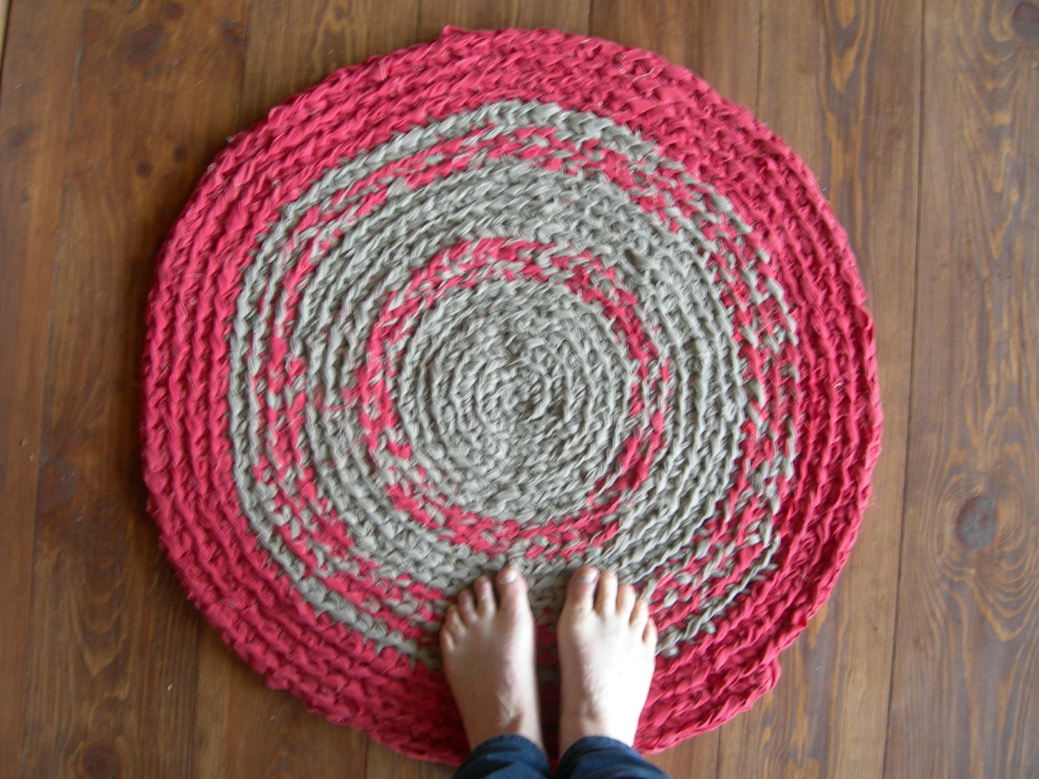 Crochet Rag Rug - Eco Friendly - Red and Tan - Upcycled Textile - Boho Chic