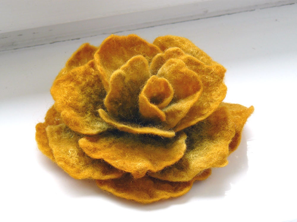 Wool felt flower brooch pin. Rose. Large flower corsage in olive and mustard.