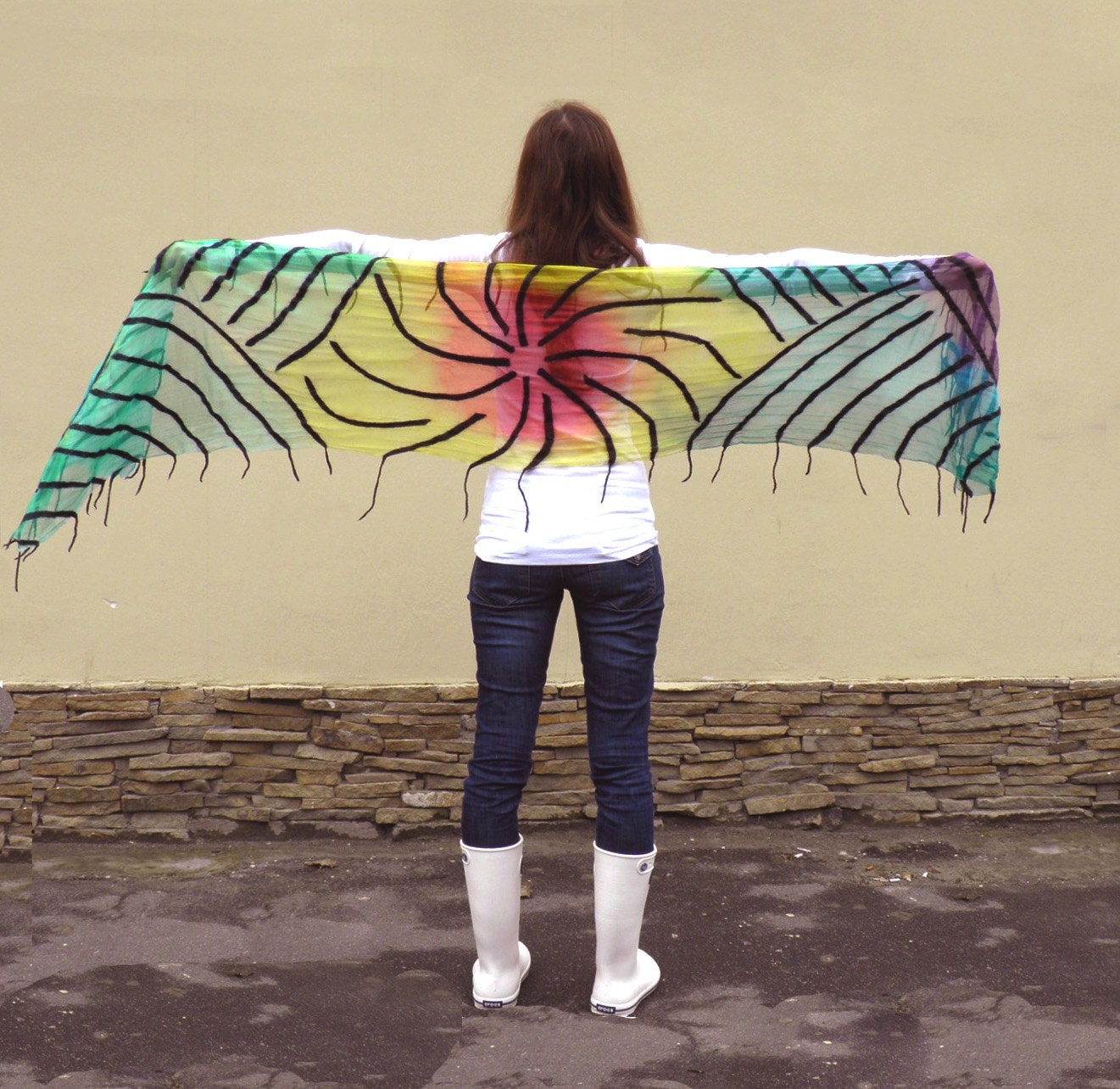 Nuno felt silk scarf. Rainbow sheer silk shawl. All season fashion long scarf. Gift for her, teen.