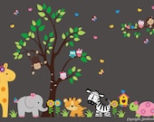 Tree Wall Decal with Giraffe, Elephant, Tiger, Zebra, Turtle, Monkeys - Nursery Wall Decal - Children Wall Decal - 482