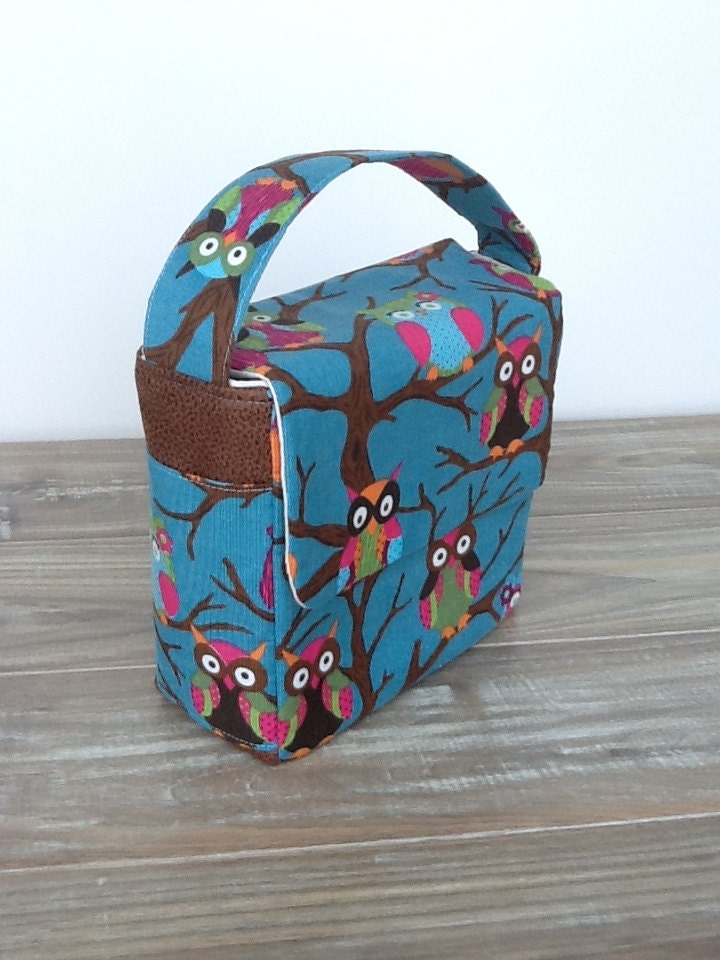 Preschool Toddler Lunch Bag in Turquoise Owl fabric with faux leather trim