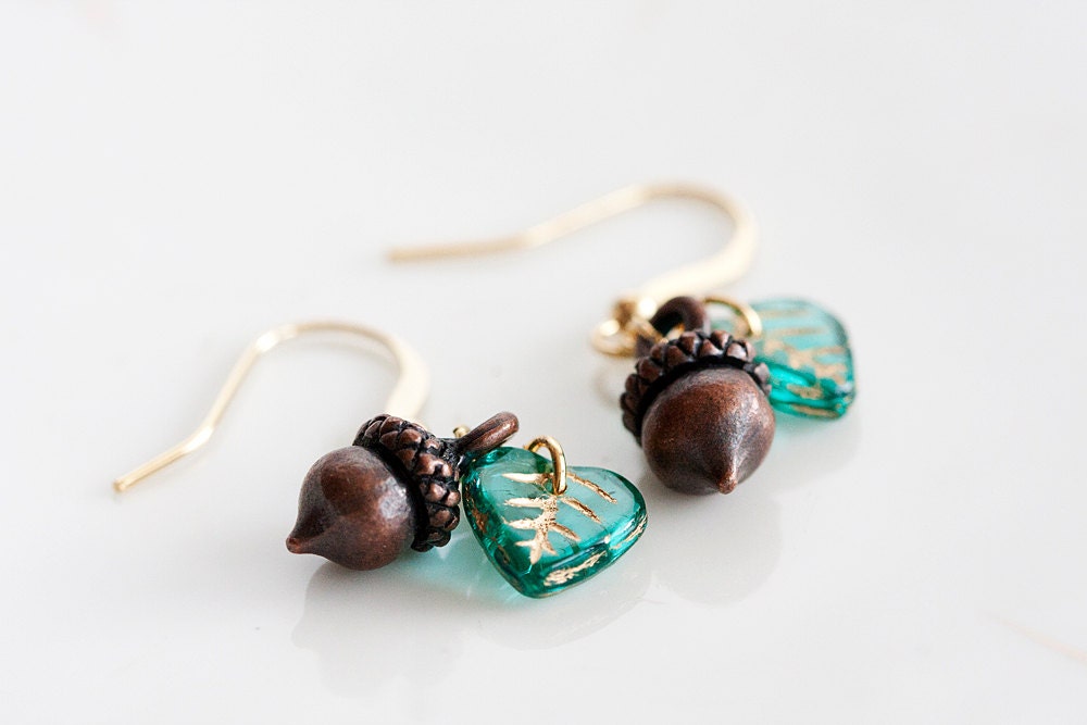 Acorn Leaf Earrings Green Leaf Chocolate Brown Acorn Earrings Woodland Nature Forest Autumn - E235