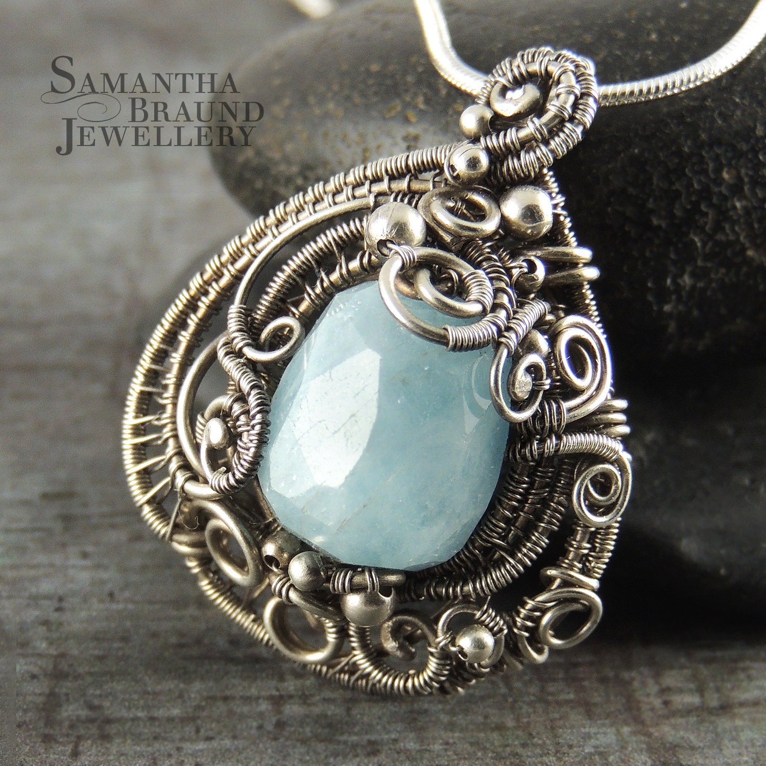 Blue Aquamarine and Sterling Silver Sculpted Necklace - Mermaid Amulet