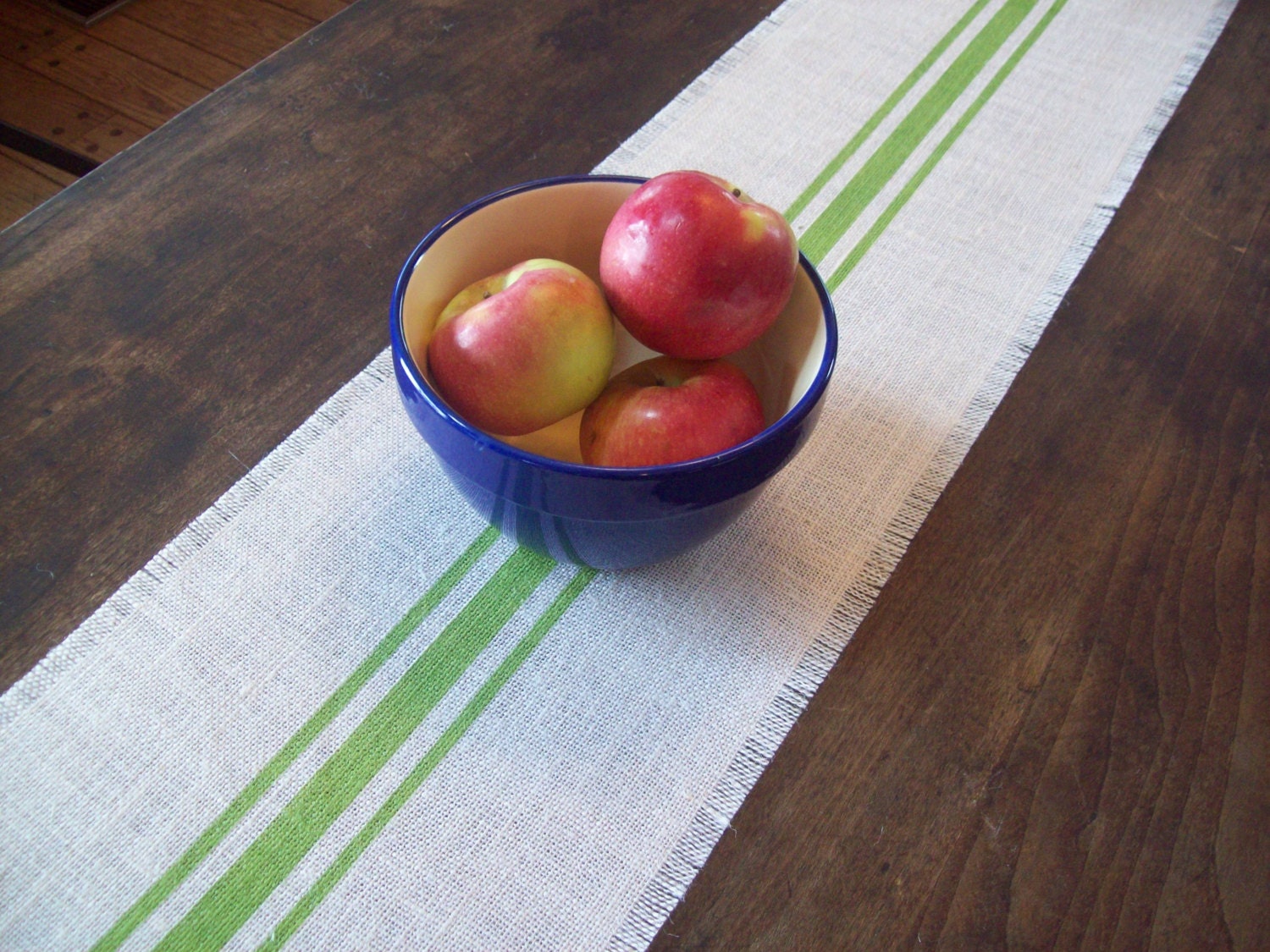 Burlap Table Runner 10 x 48 with Hand Painted Spring Green Grain Sack Style Stripes - More Colors Available