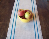 Burlap Table Runner 12 x 96 with Turquoise Double Stripes or Choose Your Colors - Beach Table Runner - Modern Rustic Table Runner