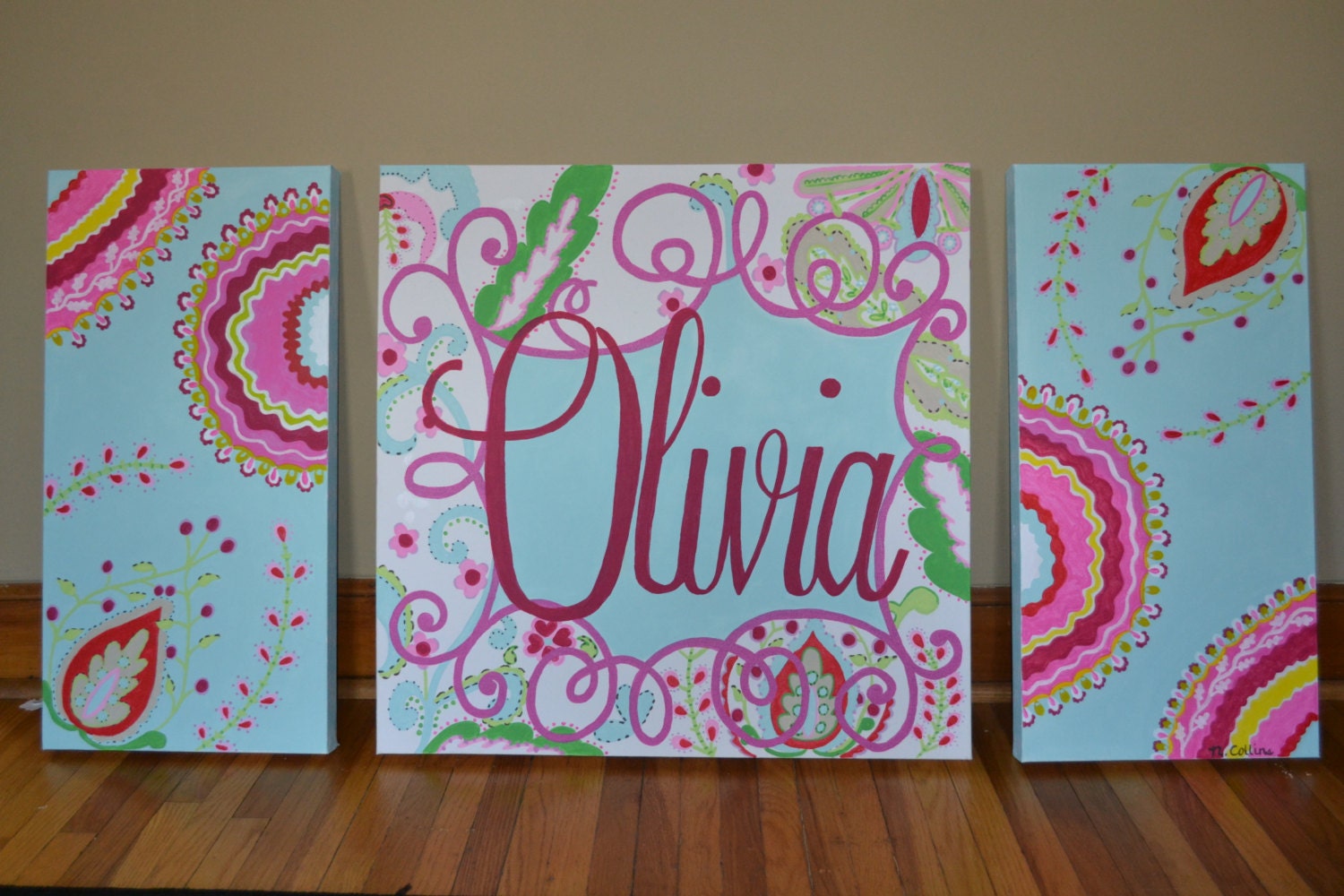Paisley Baby Nursery Custom Handpainted Canvas Wall Decor Dena Fishbein Designs Kumari Garden Aqua Sujata Pink Teja