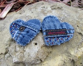 Earrings - Heart Shaped Recycled Abercrombie Denim Hand Beaded  Upcycled