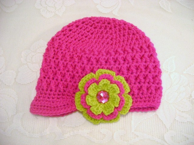 READY TO SHIP - 3 to 5 Year Size - Bright Pink Colored Crocheted Newsboy Beanie - Flower on Moveable Alligator Clip