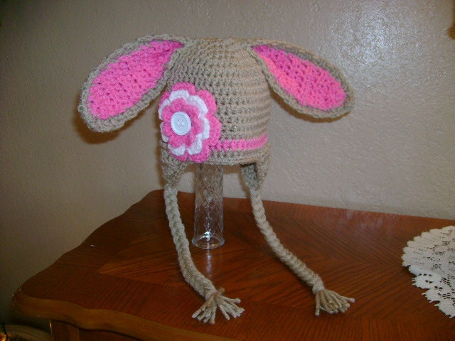 Tan Easter Bunny with Flower Crocheted Hat - Photo Prop - Available in Any Size or Color Combination