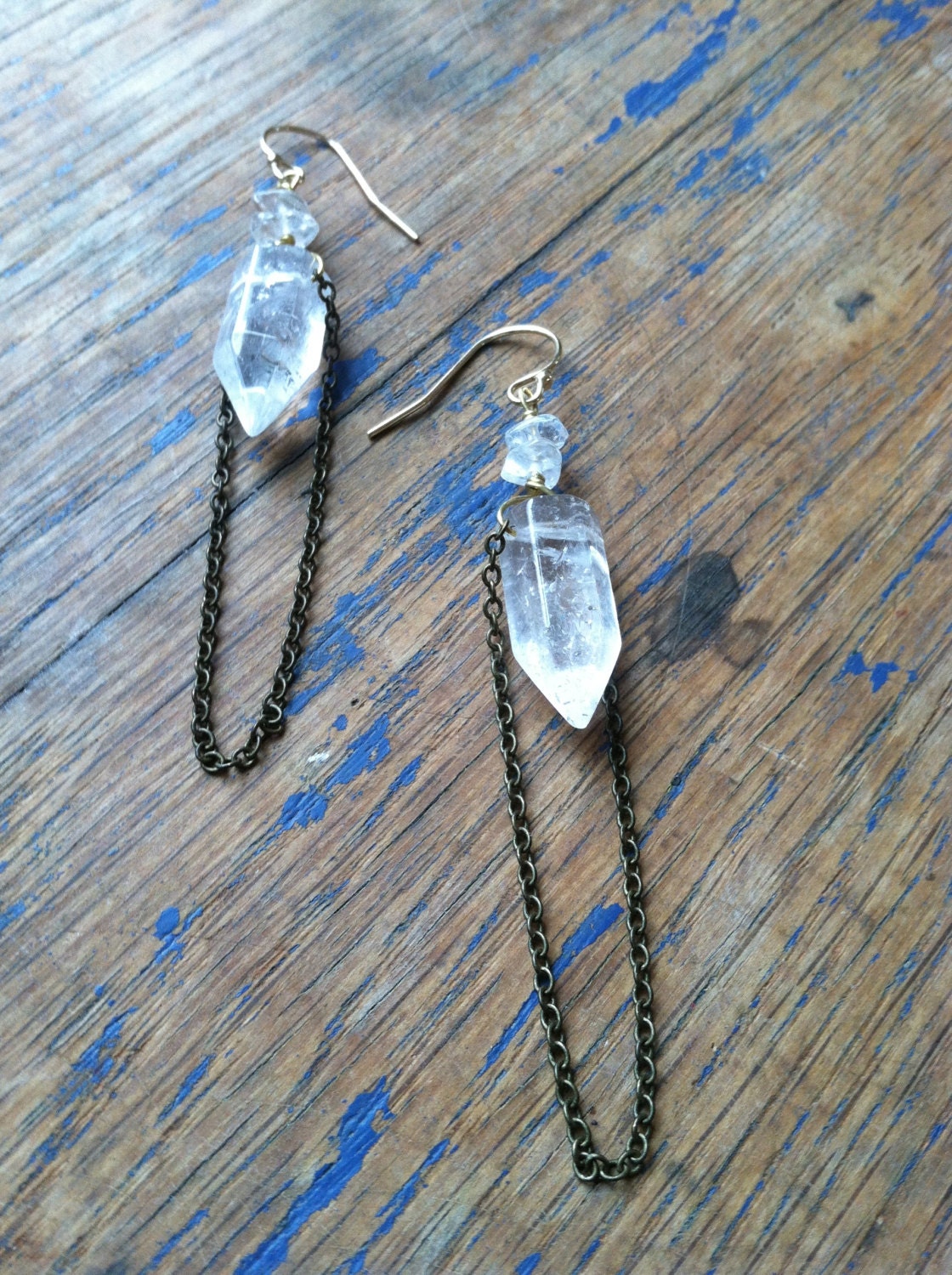 Quartz Crystal Point Earrings with brass Chain. 14k gold fill