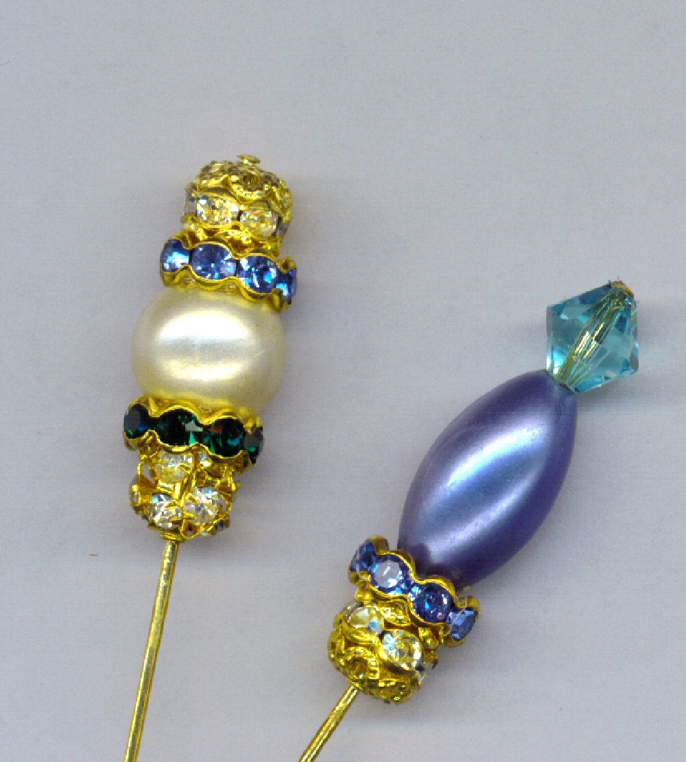 PAIR Gold HATPIN Brooch Stick Pins Victorian Style Blue Oval Pearl Swarovski Crystals 6 Inch