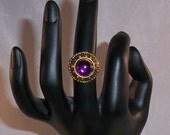 Fashion RING Antique GOLD Royal Purple Scroll Bathed Round Cabochon