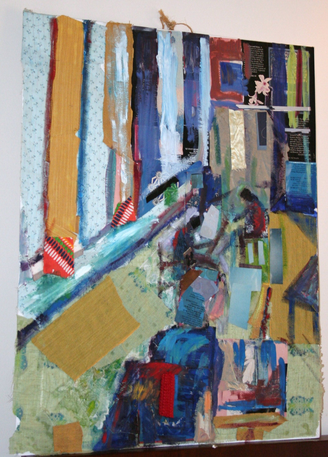 Original Mixed Media with Colage and Painting on Canvas Panel, 28 x 22" Art