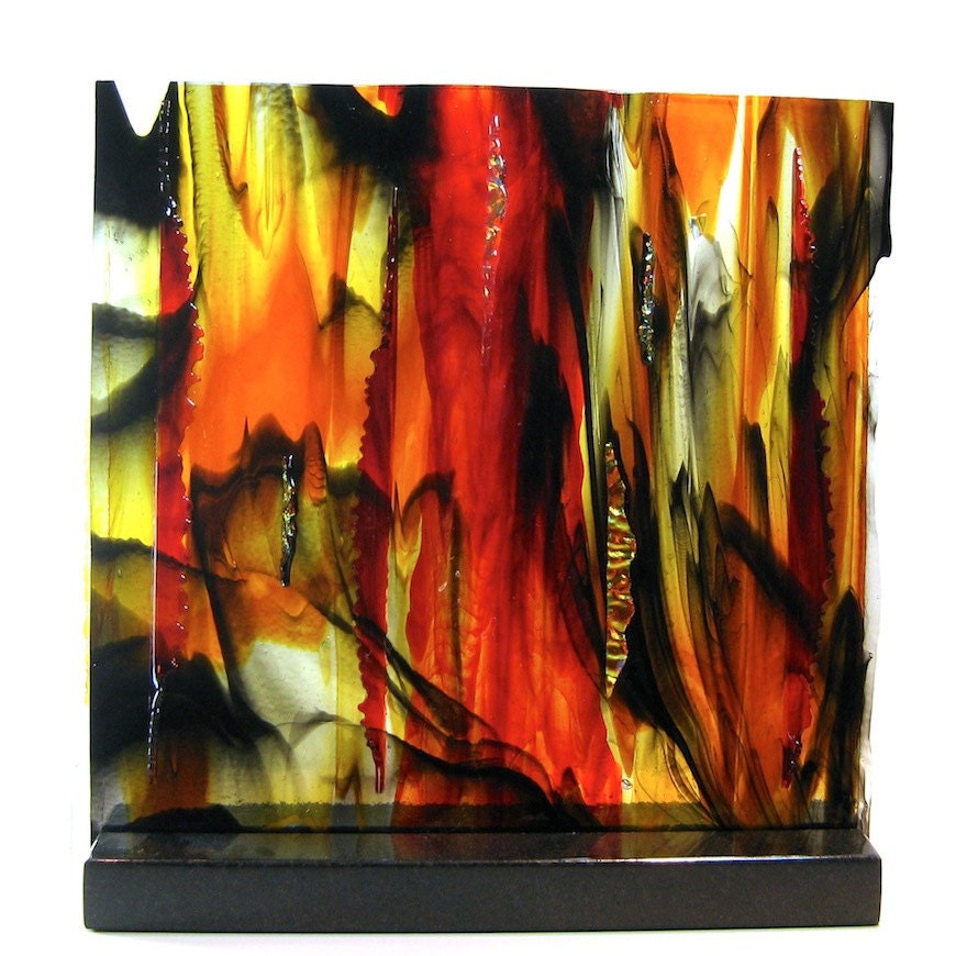 Abstract Art Glass  Sculpture Red Orange Black Yellow In The Heart Of The Night Home Decor