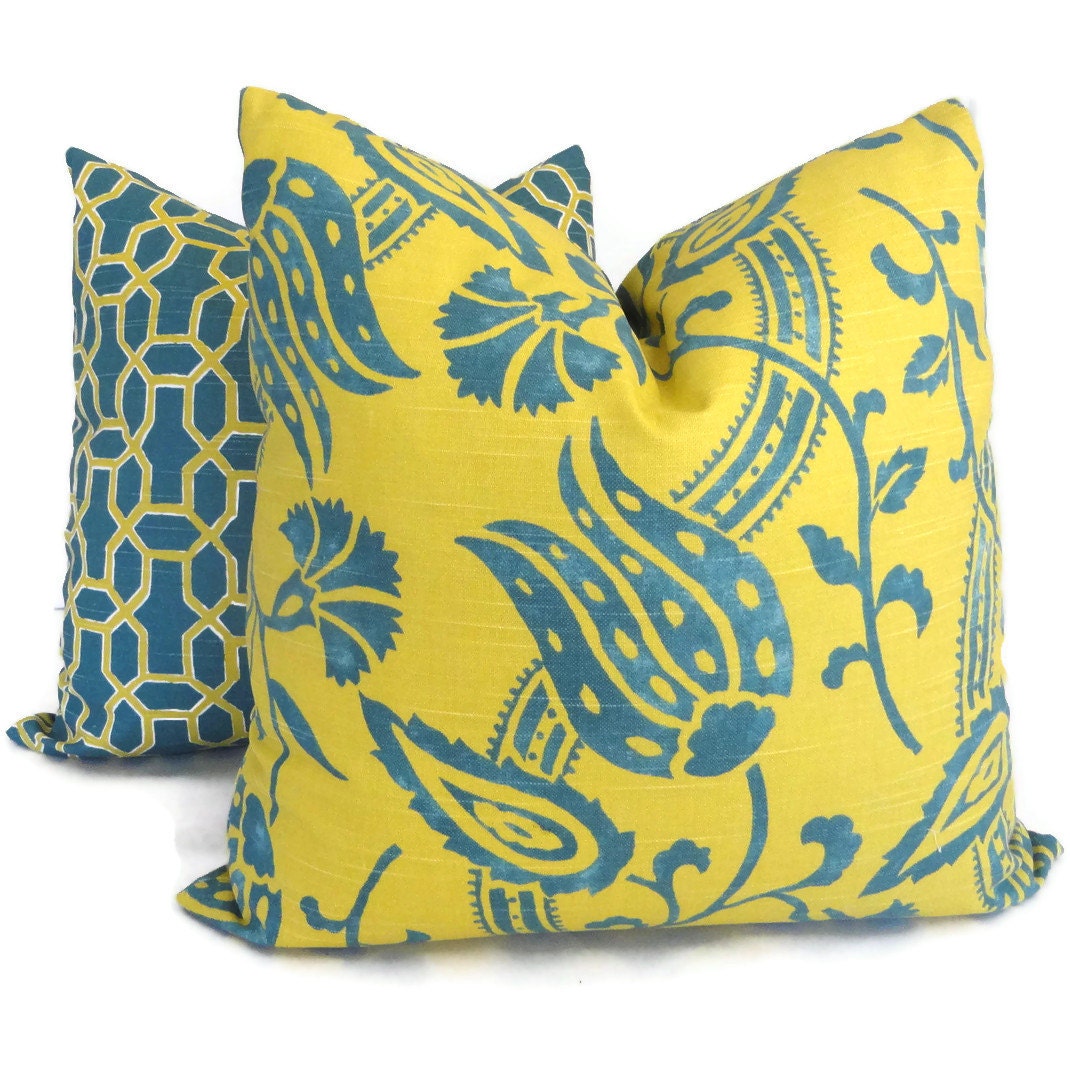 Chartreuse and Teal Wood Block Jacobean Pillow Cover 18x18, 20x20, 22x22 or lumbar - Accent Pillow - Throw Pillow