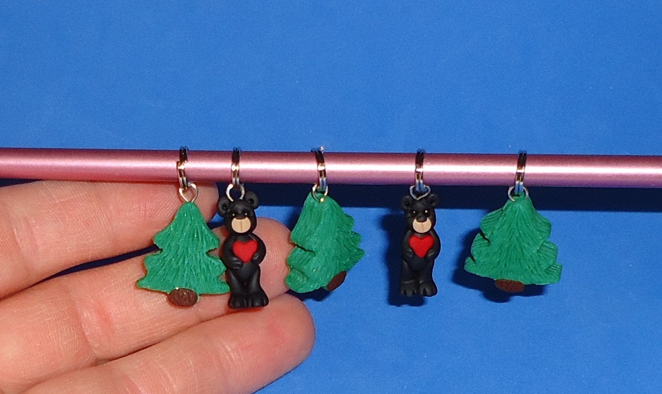 Polymer Clay Black Bears and Pine Trees Stitchmarkers (Set of 5)
