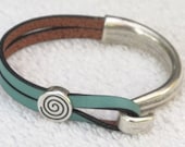 Bianchi Celeste Green Leather Bracelet with Antique Silver Hook unique elegant  Bicycle Accessory