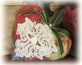 Heart DOOR HANGER, Dark Red with Olive, Venise Lace, Primitive Handmade CharlotteStyle Decorative Folk Art