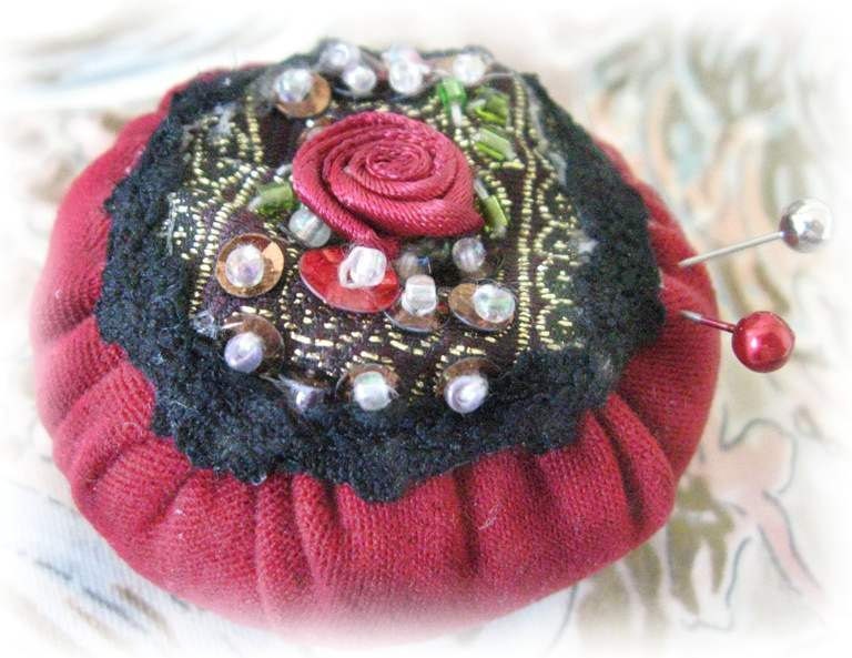 Pincushion Pin Keeper MINI Pinnie 2 inch RED Puff  Pincushion Handmade CharlotteStyle Sewing Needlecraft