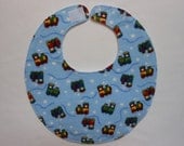 Baby bib, four soft layers, reversible, blue with bright little choo choos