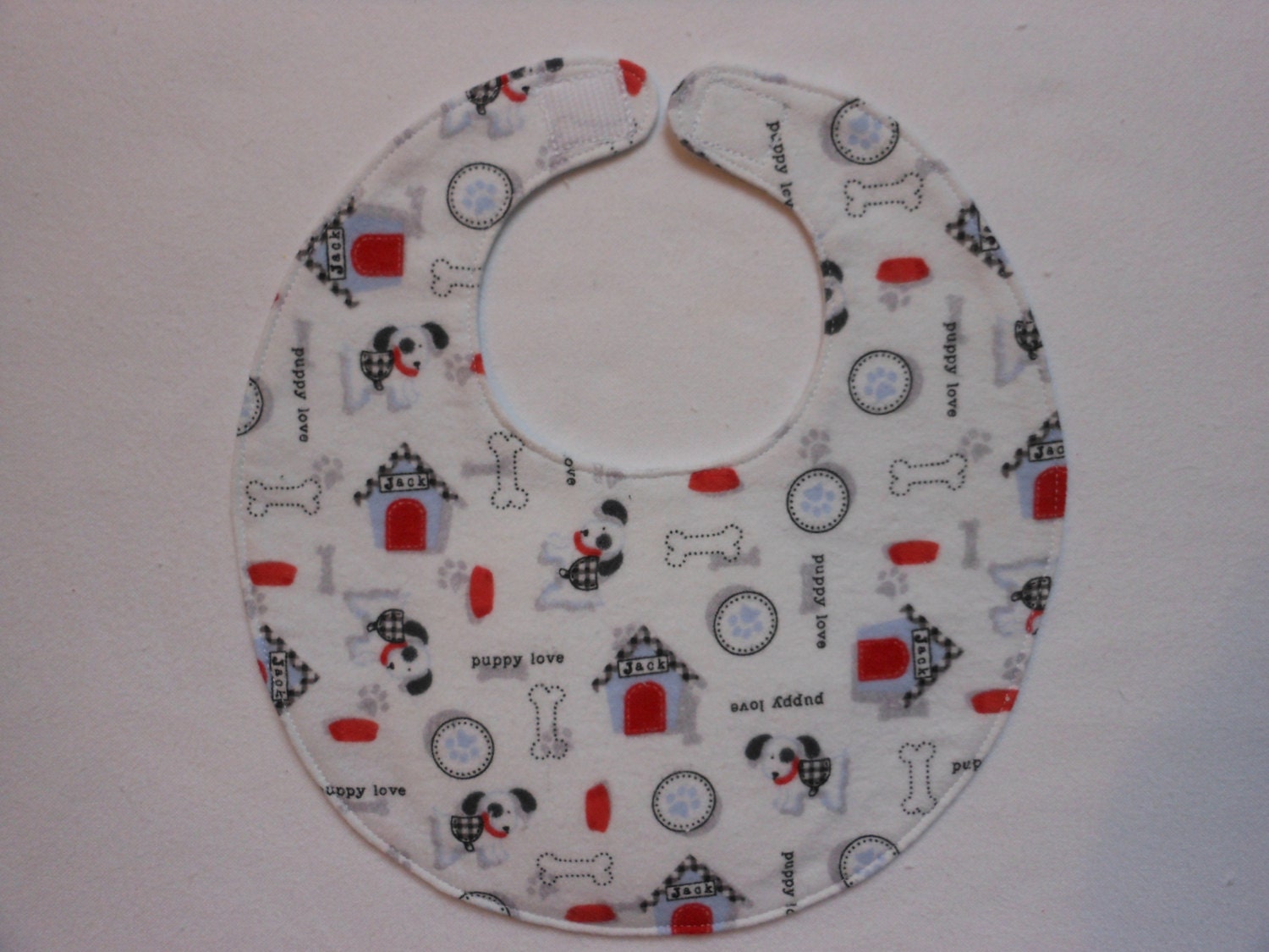 Baby bib, four soft layers, reversible, white with cute puppies