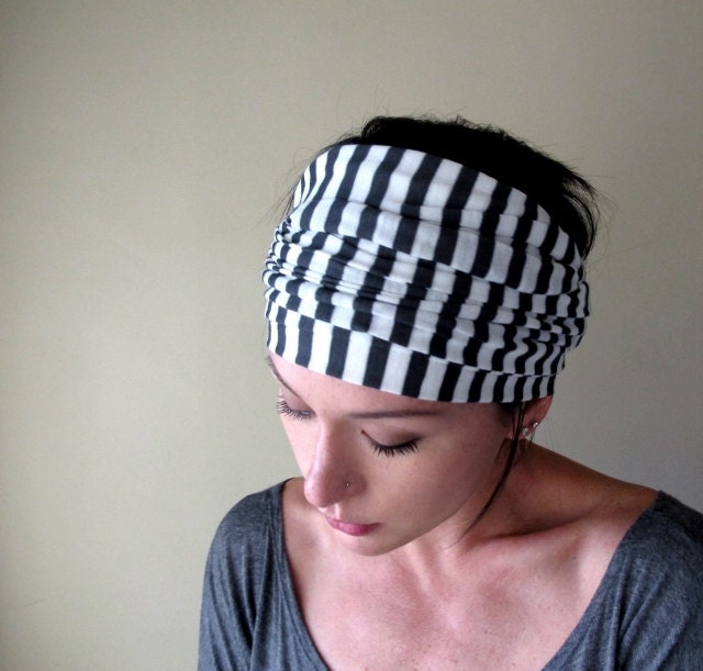 Striped Head Scarf  - Womens Neck Bow, Ascot - Cotton Jersey Hair Wrap, Headband - Gray White Stripes - Hair Accessory