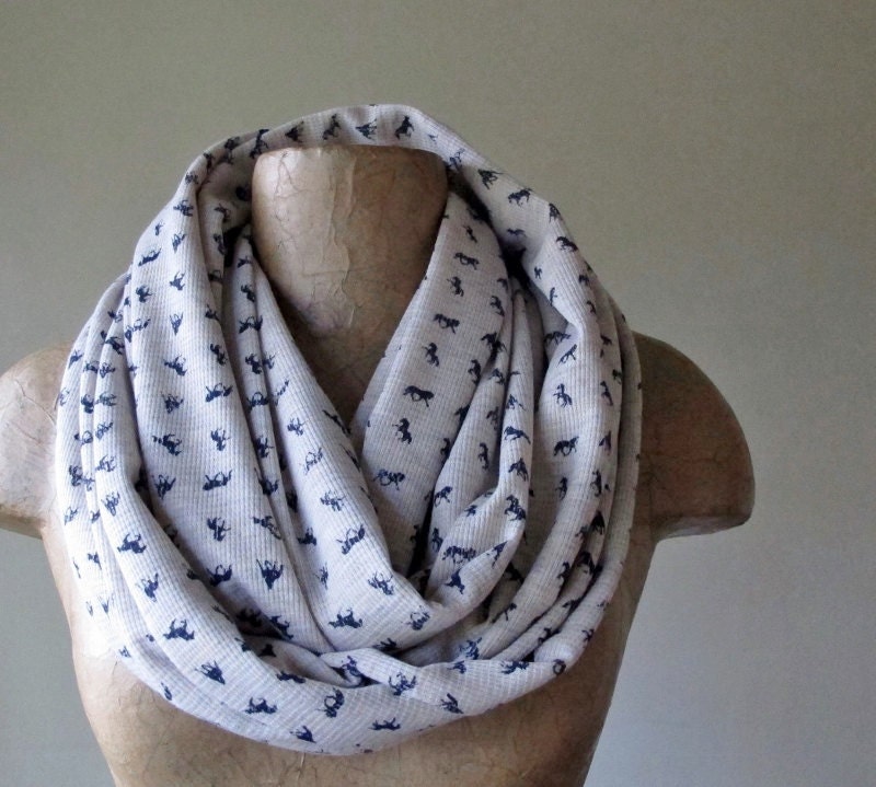 Equestrian Infinity Scarf - Horse Lover Scarf - Black Horses on Oatmeal Beige Thermal Knit - Circle Scarf