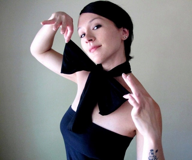 Black Neck Bow - Womens Head Scarf, Hair Wrap, Hair Accessory - Jet Black Bow Tie, Turban, Sash