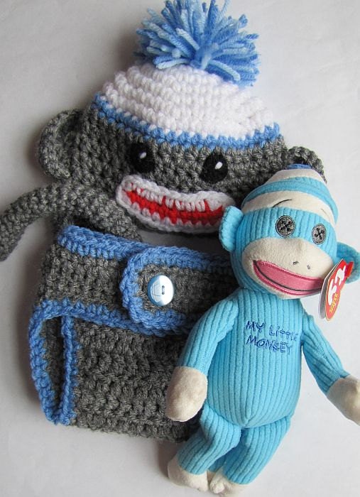Blue sock monkey hat, pants and blue monkey doll 0-3 months
