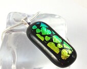 Fused Glass Green Gold Dichroic  Necklace  Statement Jewelry 501