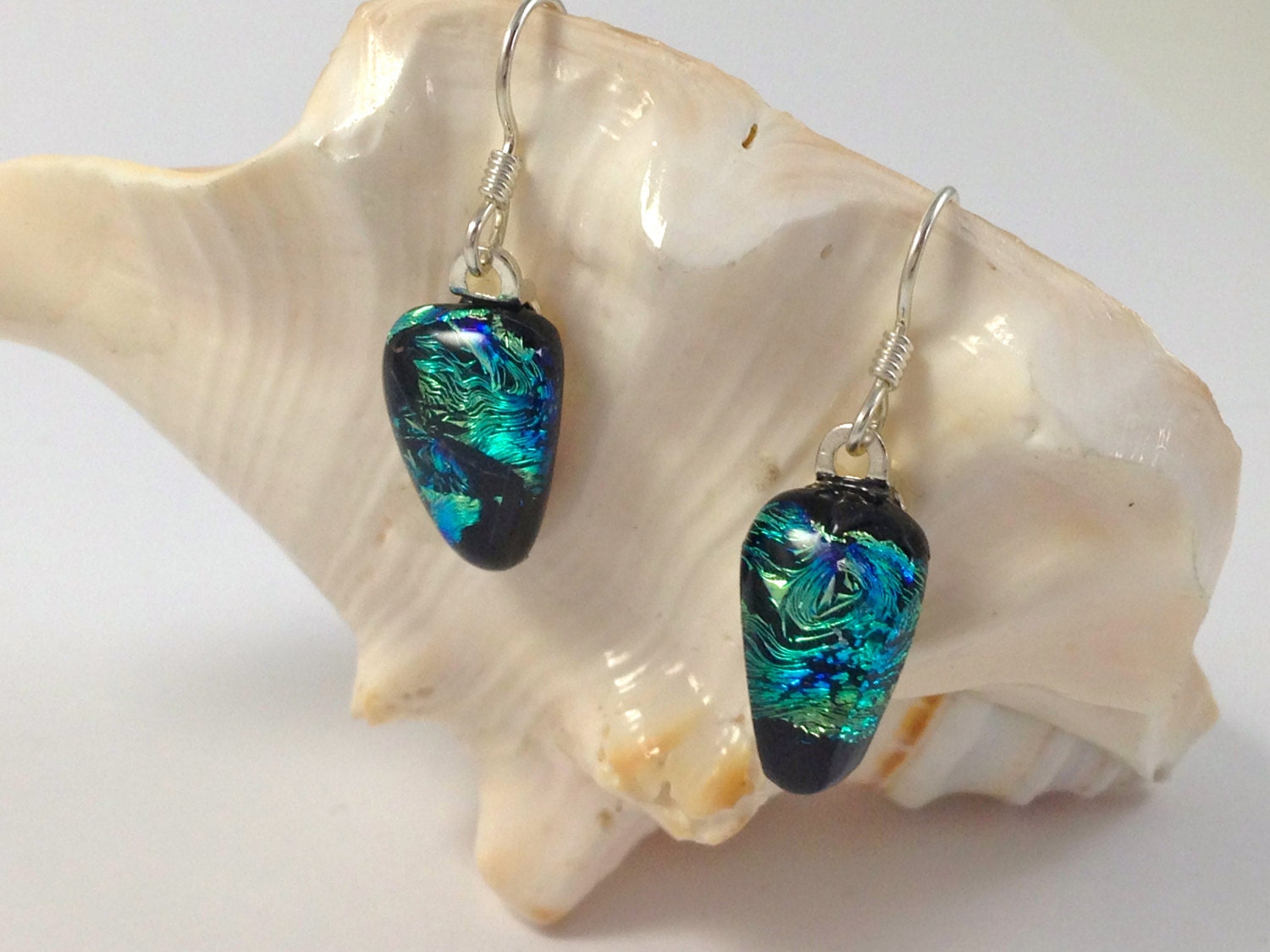 Fused Dichroic Glass  Dangle Earrings  Turquoise Blue 077