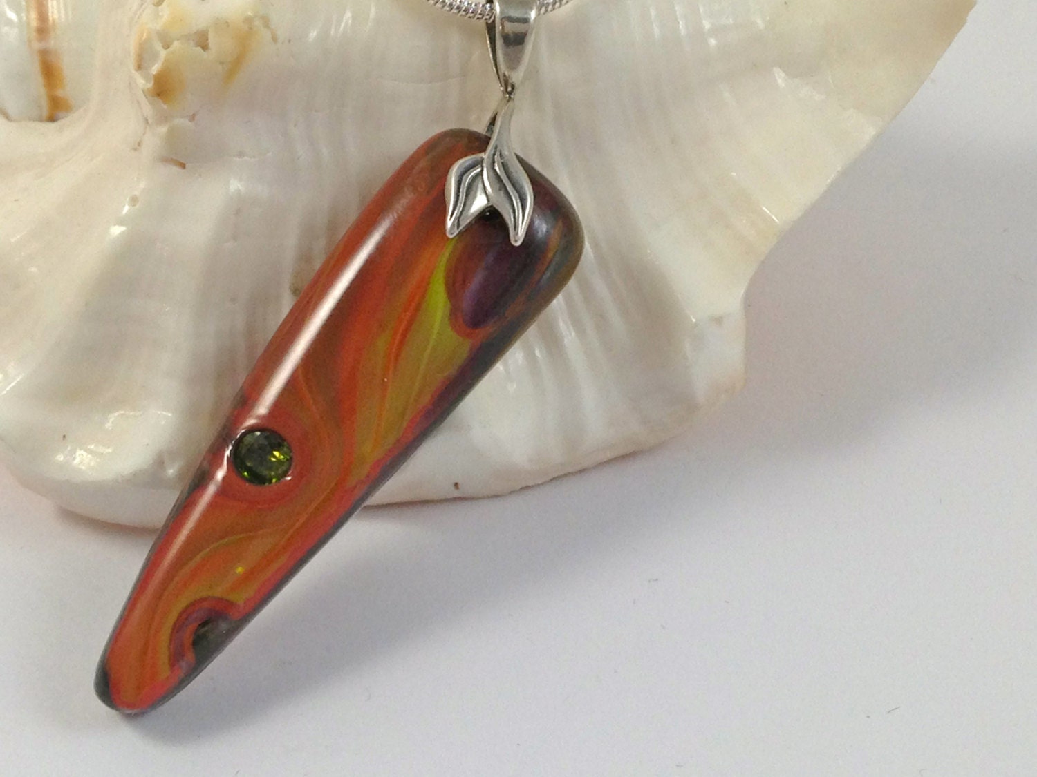 Fused Glass Pendat Petrified Glass Necklace Orange Gold Brown 097