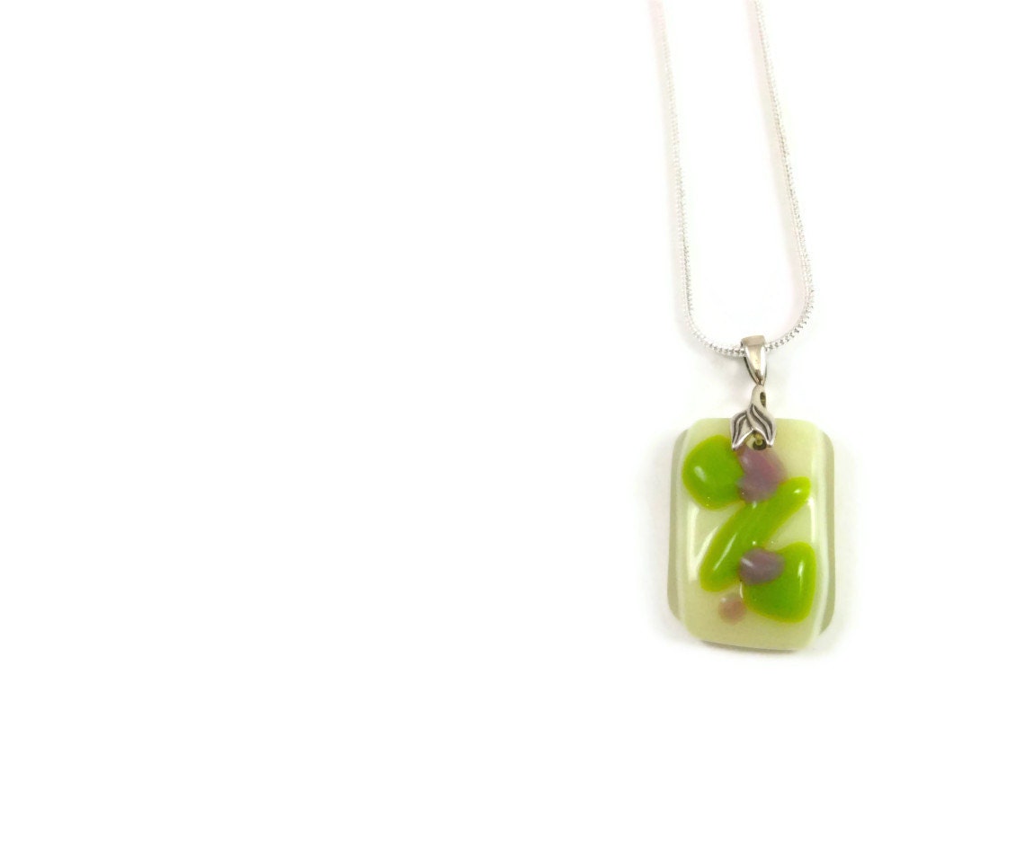 Fused Glass Necklace in Cream Green and Purple  Statement Jewelry